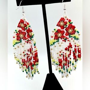 Christmas Poinsettia Dangle Earrings 925 Ear Hooks Red, Green, White, and Gold